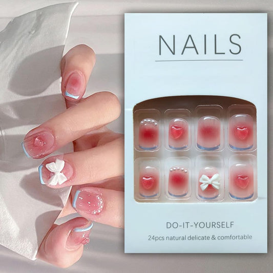 S.A.V.I Pearl Heart False Nails - 24PCS Short White Bowknot DIY | Easy To Use