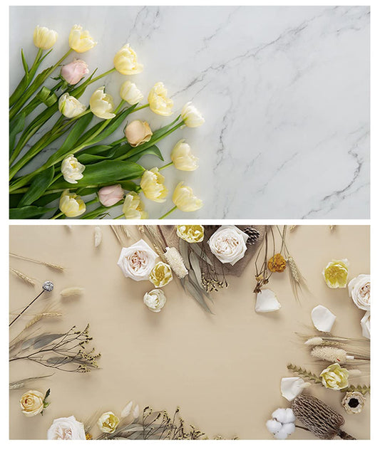 SAVIAURA 1 Sheet 2 in 1 3D Flat Lay Tabletop Double-Sided Photography Backdrop Photo Studio Flatlay Background PVC Wrinkle-Free for Small Product Shoot (Rose Flowers On Marble Pattern)