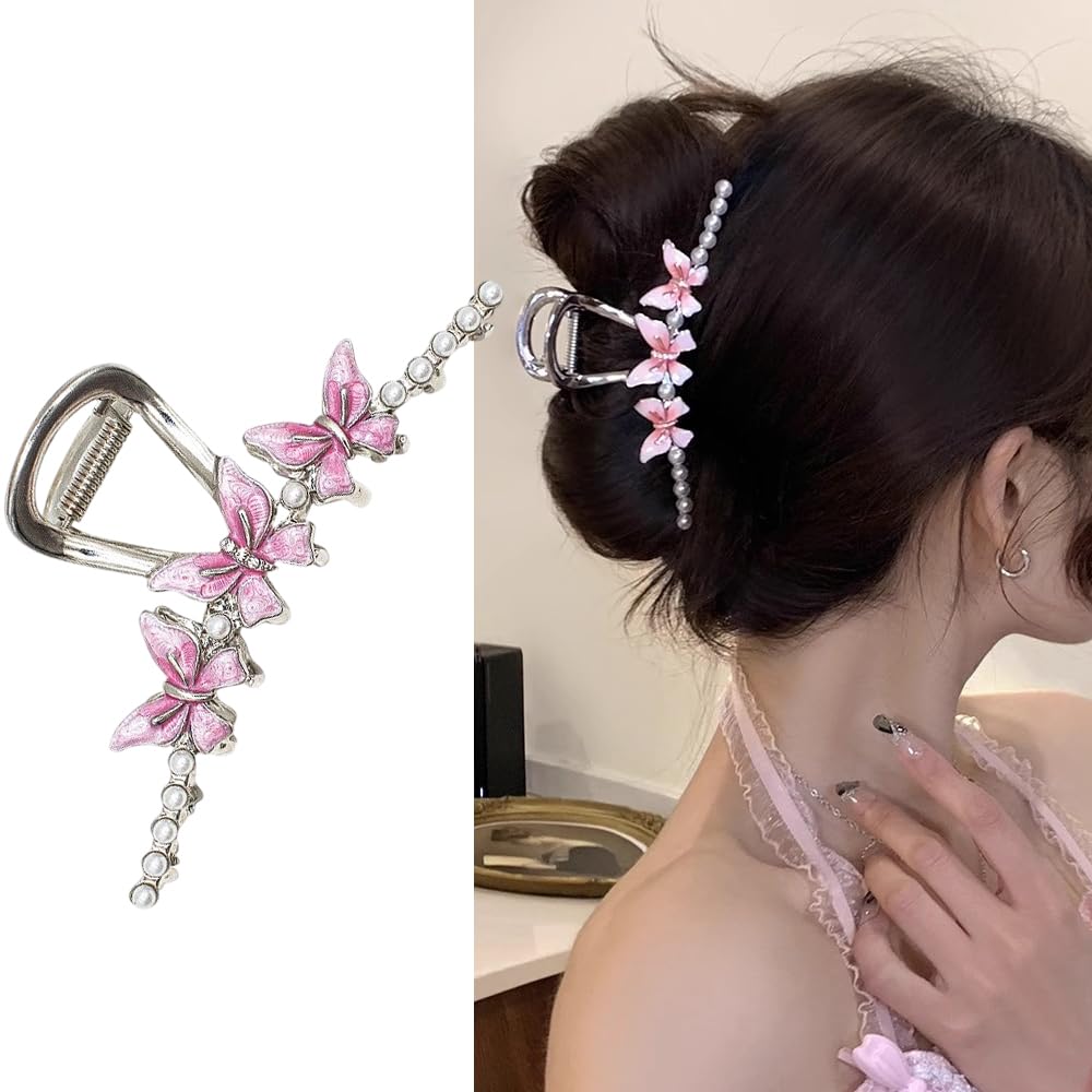 S.A.V.I 1pc Pink Enamel Butterfly Hair Clip with Pearls – Elegant Metal Hair Accessory for Women  Girls, Stylish 11.5 cm Hair Clutch for Party, Wedding