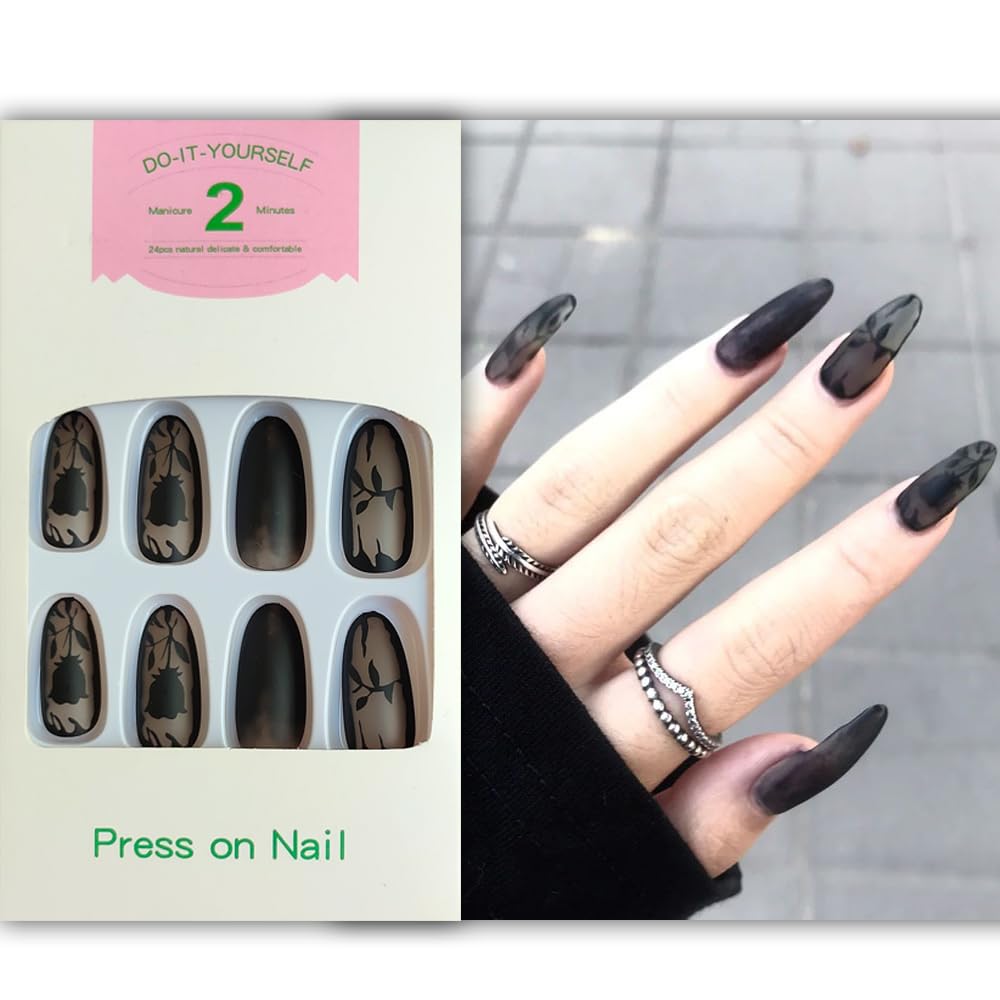 S.A.V.I 24-PCS Black Round Rose Print Press-On Reusable Nails with Glue  Tape