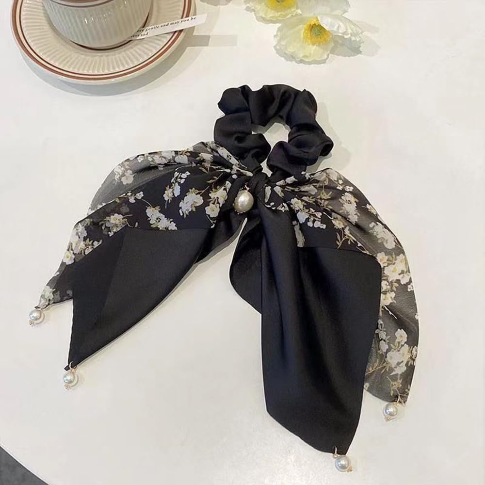 S.A.V.I Black Floral Hair Scrunchie for Women & Girls | Satin & Chiffon Bow with Pearl | Stylish Ponytail Holder | Elegant Rubber Band for Daily, Party & Ethnic | 24x12 cm