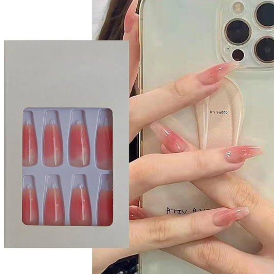 S.A.V.I 24 Pcs Long Coffin Shape Gradient Nude to Pink Press-On Nails | Reusable False Nails for Women | DIY Manicure Set | Quick 1-Minute Application