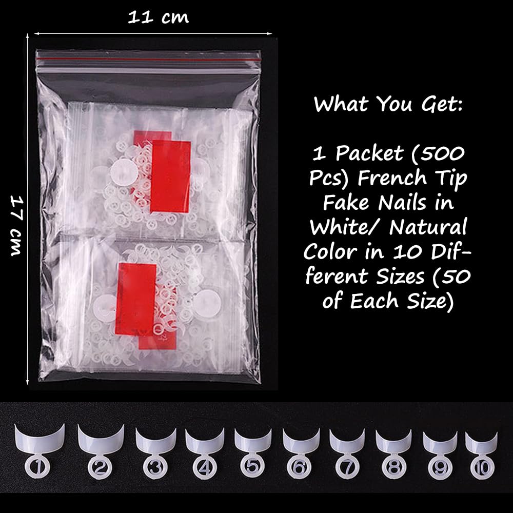 S.A.V.I 500 Pcs French Nail Tip Fake Nails – White Curved Acrylic Nail Tips for Manicure | 10 Sizes Artificial Nail Extensions for Women & Salons | Natural Look for DIY & Professional Use