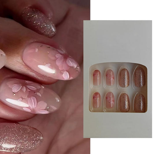 S.A.V.I 24 Pcs Medium Length Press-On Nails | Round Shape, Pink Floral Design with Glitter | DIY Artificial False Nails | Natural Look, Easy to Apply, Long-Lasting Stick-On Nails for Women  Girls