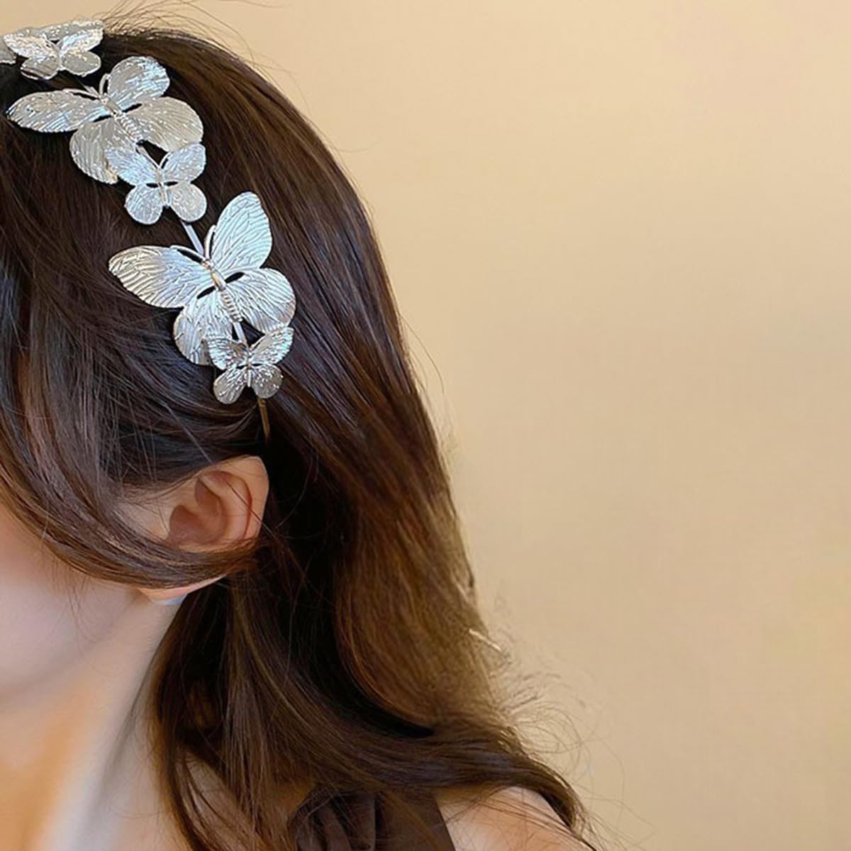S.A.V.I Silver Butterfly Hairband for Women & Girls | Lightweight Metal Headband with 3D Textured Design | Stylish Party, Wedding & Festive Hair Accessory (14.5cm) (Silver, Onesize)