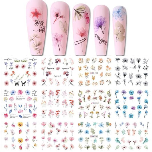 S.A.V.I Butterfly Flower Nail Art Stickers - 12 Sheets Vibrant Floral