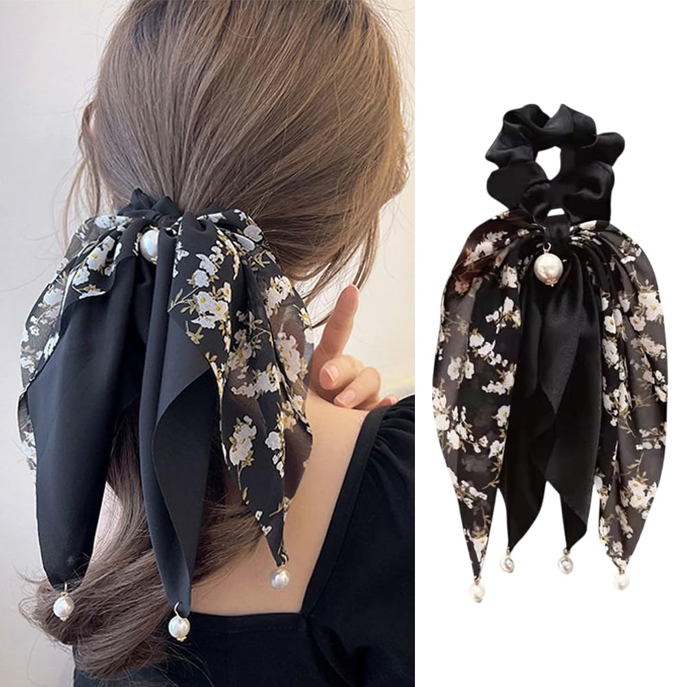 S.A.V.I Black Floral Hair Scrunchie for Women & Girls | Satin & Chiffon Bow with Pearl | Stylish Ponytail Holder | Elegant Rubber Band for Daily, Party & Ethnic | 24x12 cm