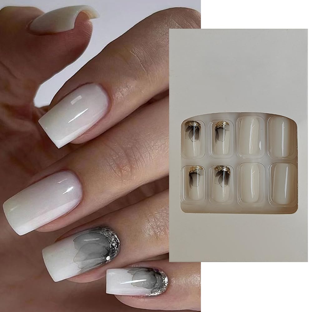 S.A.V.I 24 Pcs Medium-Length Square White Fake Nails with Black Watercolor Flower Design  Glitter | Natural Look DIY Press-On Nails | Adhesive Tabs, No Glue | Comfortable, Perfect for Parties