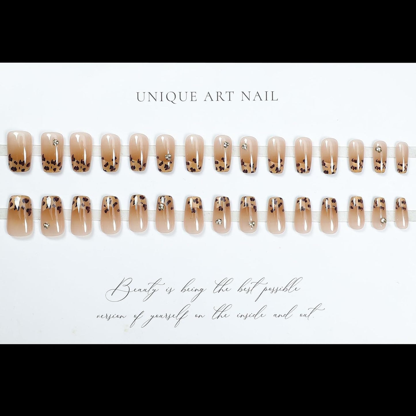 S.A.V.I 30 Pcs Nude Coffin Press-On Nails – Leopard Print & 3D Rhinestone Cat’s Eye Design – Medium Length – Reusable, Salon-Quality – Includes Glue & Adhesive Tabs
