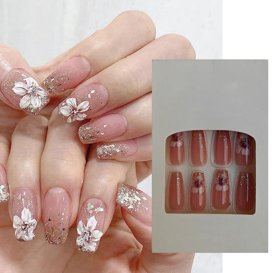 S.A.V.I 24 Pcs Long Coffin Fake Nails | Nude with Floral Print  Glitter | Reusable Press-On False Nails for Women  Girls | Easy to Apply, Durable  Chip-Resistant | Salon-Style Manicure at Home