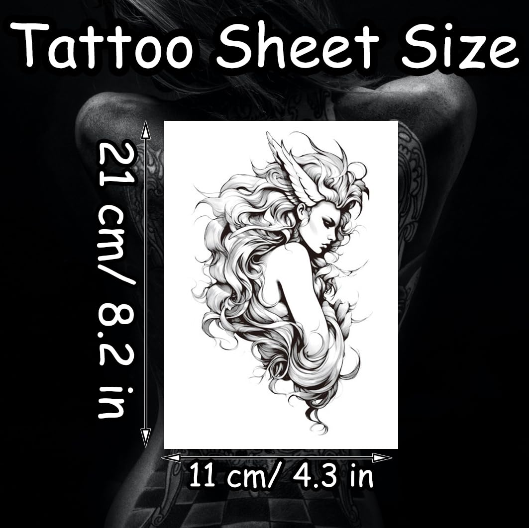 S.A.V.I Black Angel Girl Temporary Tattoo Sticker, Large 21x11 cm, Waterproof Non-Toxic Body Art Decal, Long-Lasting Fantasy Design for Arm, Back and Shoulder, Unisex, 1 Pc