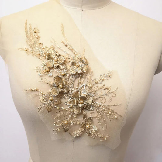 S.A.V.I Gold 3D Floral Embroidered Applique Patch | 12x6 Inch Sew-On Mesh Lace Fabric with Pearls for Bridal Blouse, Lehenga, Saree, Gown, Dress  DIY Craft | Elegant Wedding  Ethnic Wear Sewing Accessory (Gold)