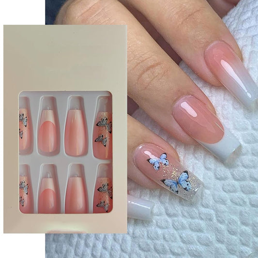 S.A.V.I 24Pc French Manicure Press-On Nails, Long Coffin Nude Blue Butterfly, Adhesive Tabs, No Glue