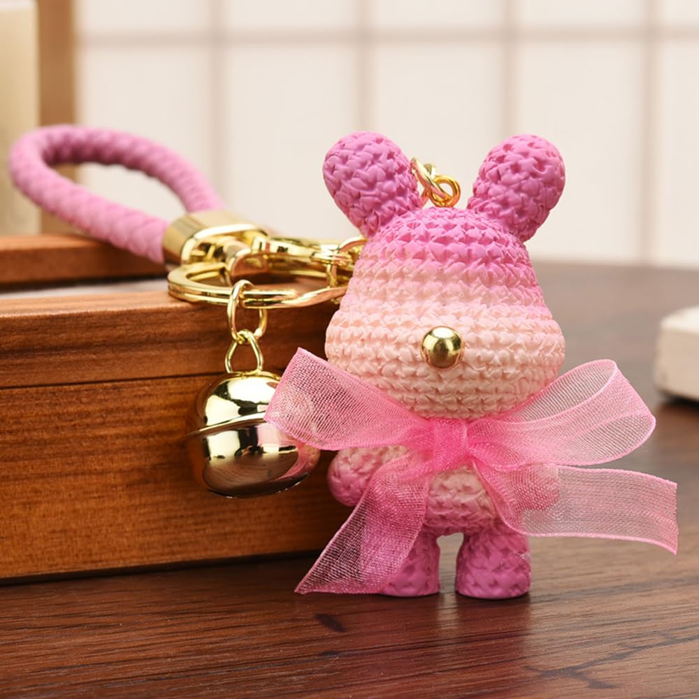 S.A.V.I Cute Pink Bunny Resin Keychain with Bow & PU Leather Strap | Stylish Golden Ring & Bell Charm | Bag, Purse & Car Key Holder for Girls & Women – Lightweight 56g (6cm)