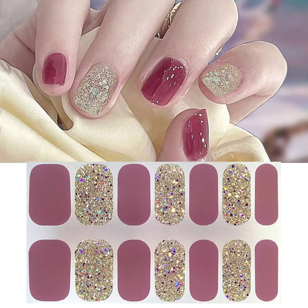 S.A.V.I Pink  Golden Glitter Gel Nail Stickers - 14pc Easy Use, Self Adhesive Set