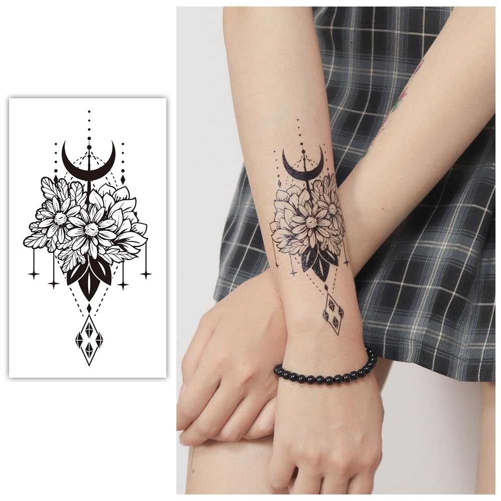S.A.V.I 3 Pcs Large Floral Temporary Tattoos for Women – 16x9 cm Black Waterproof Body Art – Safe Non-Toxic Long-Lasting Arm, Back, Neck Tattoo Stickers – Mandala, Moon, Arrow Designs (02)