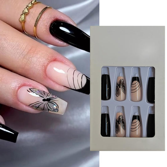 S.A.V.I 24 Pcs Long Coffin Press-On Nails - Black  Nude Butterfly Design | Reusable Artificial Nails for Women  Girls | Trendy, Stylish Nail Art for Quick Manicure | Durable