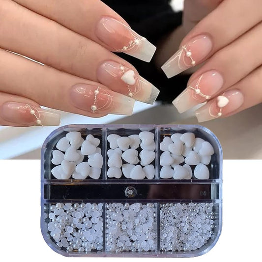 S.A.V.I White 3D Heart Nail Art Charms (5mm) & Flatback Pearls Set (2mm, 2.5mm, 3mm) – Acrylic Nail Decorations for DIY Manicure, Nail Salon, Gel Nail & Art Design Accessories