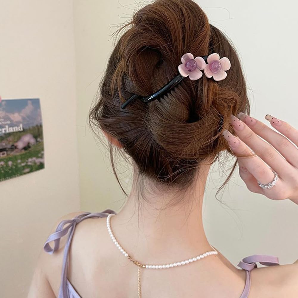S.A.V.I Stylish 11cm Pink Floral Hair Clutcher for Women | Black Acrylic Hair Clip with Dual Flower Design | Strong Grip Clutch for Daily, Office, Casual & Party Hairstyles