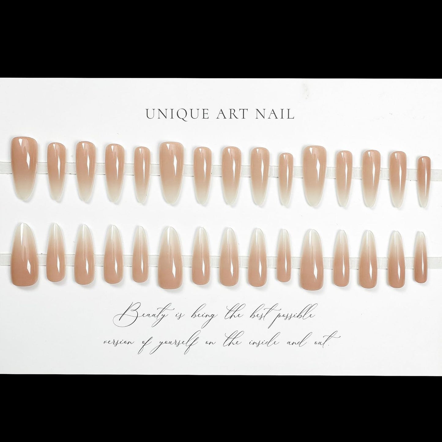 S.A.V.I 30 Pcs Long Almond Ombre Nude Press On Nails | Reusable Fake Nails with Glue & Adhesive Tabs | Elegant French Manicure Look | For Salon-Like DIY at Home