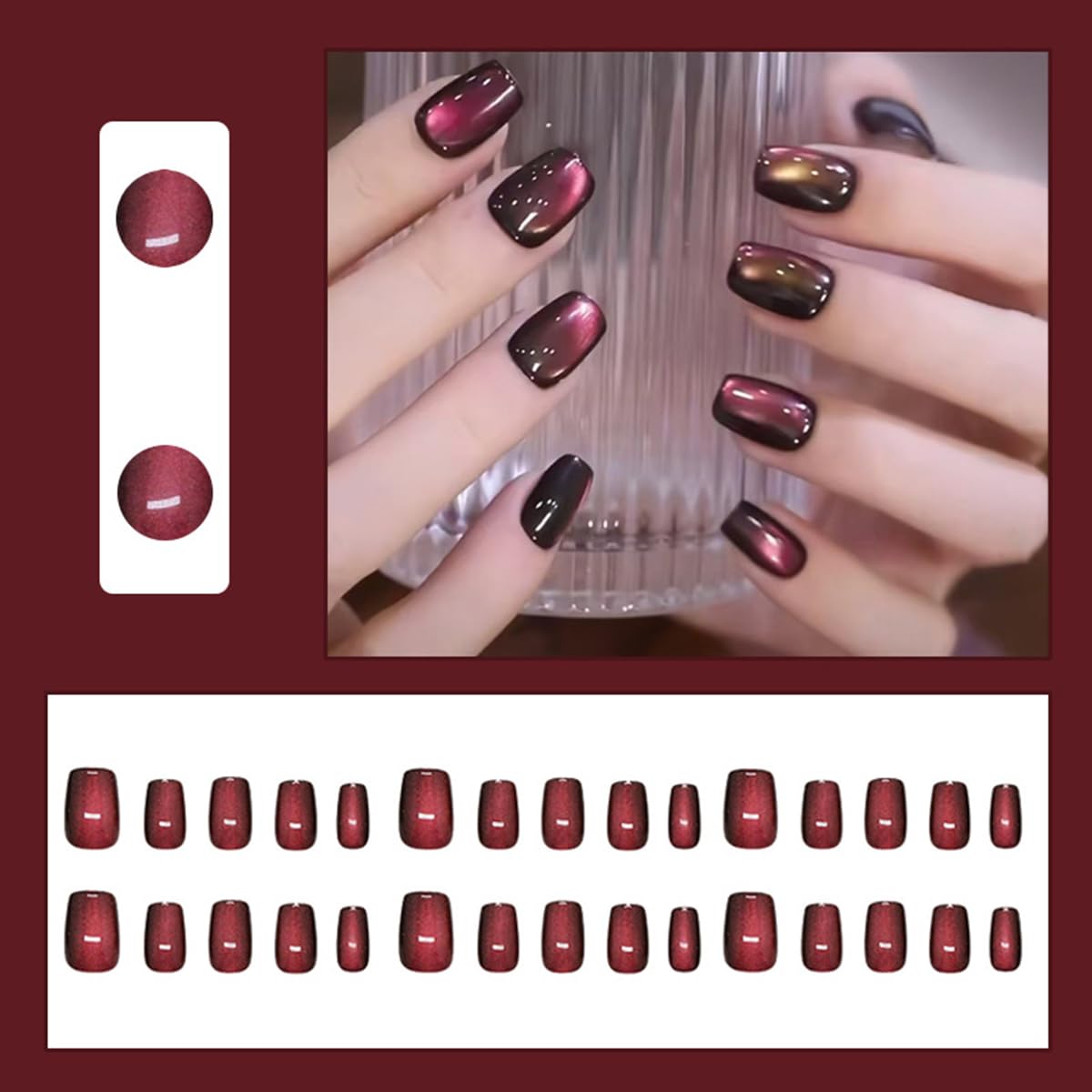 S.A.V.I Cat’s Eye Dark Wine Coffin Shape Press On Nails for Women | 24pcs Medium Length Artificial Nail Tips with Glue & Adhesive Tabs | Glossy Magnetic Effect Fake Nails for DIY Nail Art