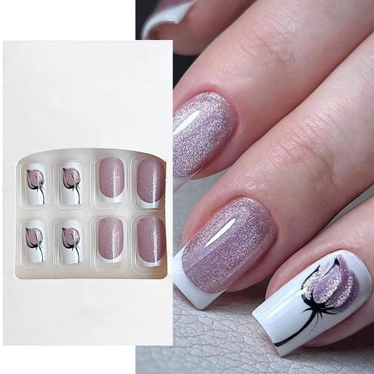 S.A.V.I 24 Pcs Medium Square Press-On Nails - Elegant Purple  White Cat's Eye, Floral Design | Natural-Look DIY False Nails for Women | Long-Lasting, Comfortable Fit | Salon-Quality Nail Kit