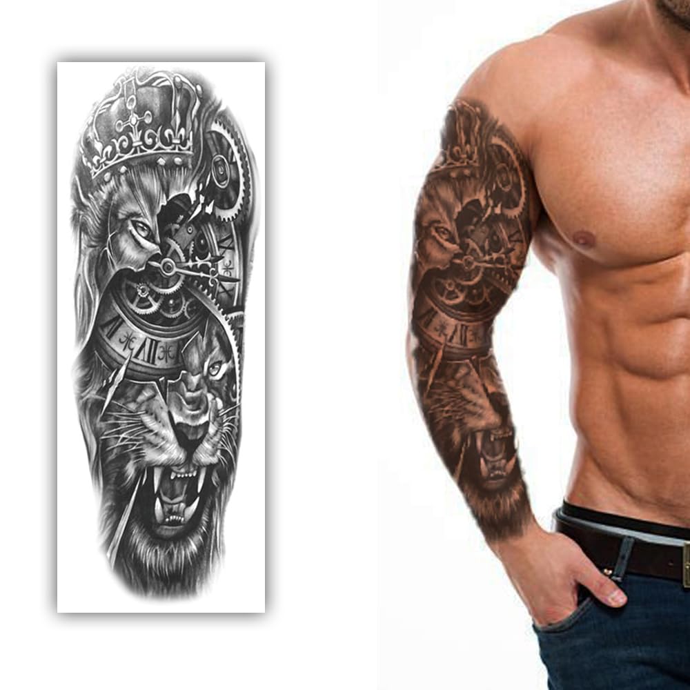 S.A.V.I Full Arm Lion King Temporary Tattoo for Men (48x17cm) – Black Realistic Sleeve Design with Clock & Gears | Waterproof, Long-Lasting, Safe Body Art for Party, Gym, Festive Look