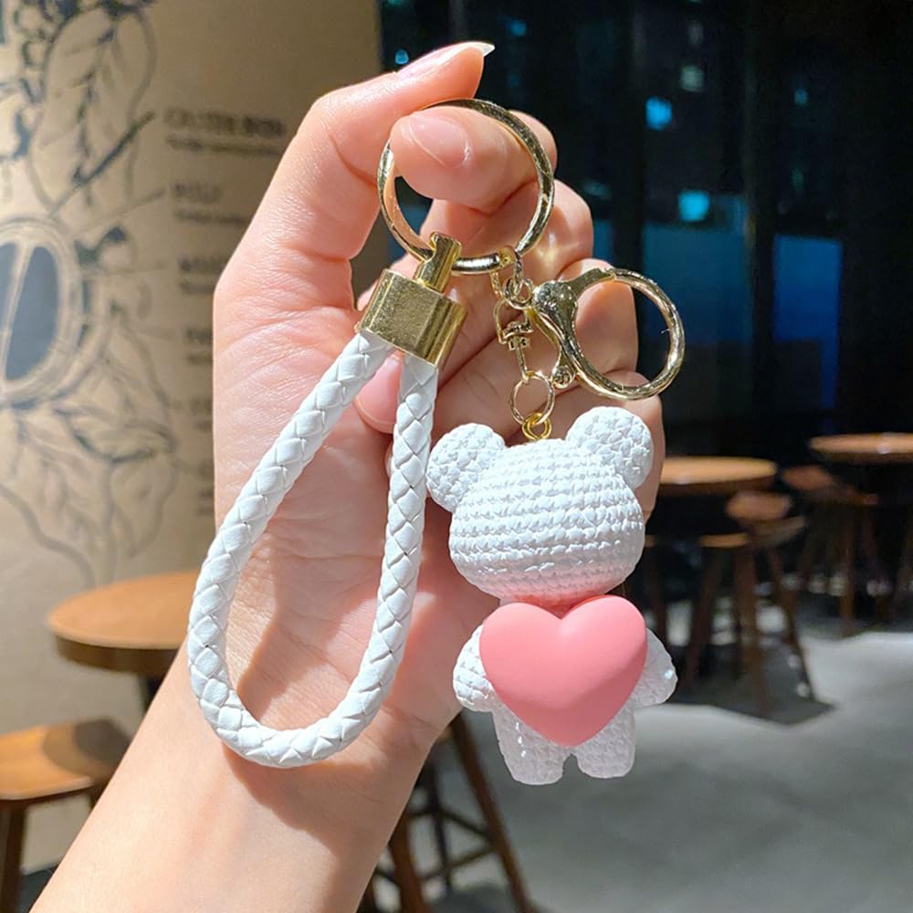 S.A.V.I Cute White Bear Keychain with Pink Heart Charm | Resin Teddy Pendant (6.2cm) | Braided PU Leather Wrist Strap & Gold Ring | Stylish Key Holder for Girls, Women & Accessories (White)