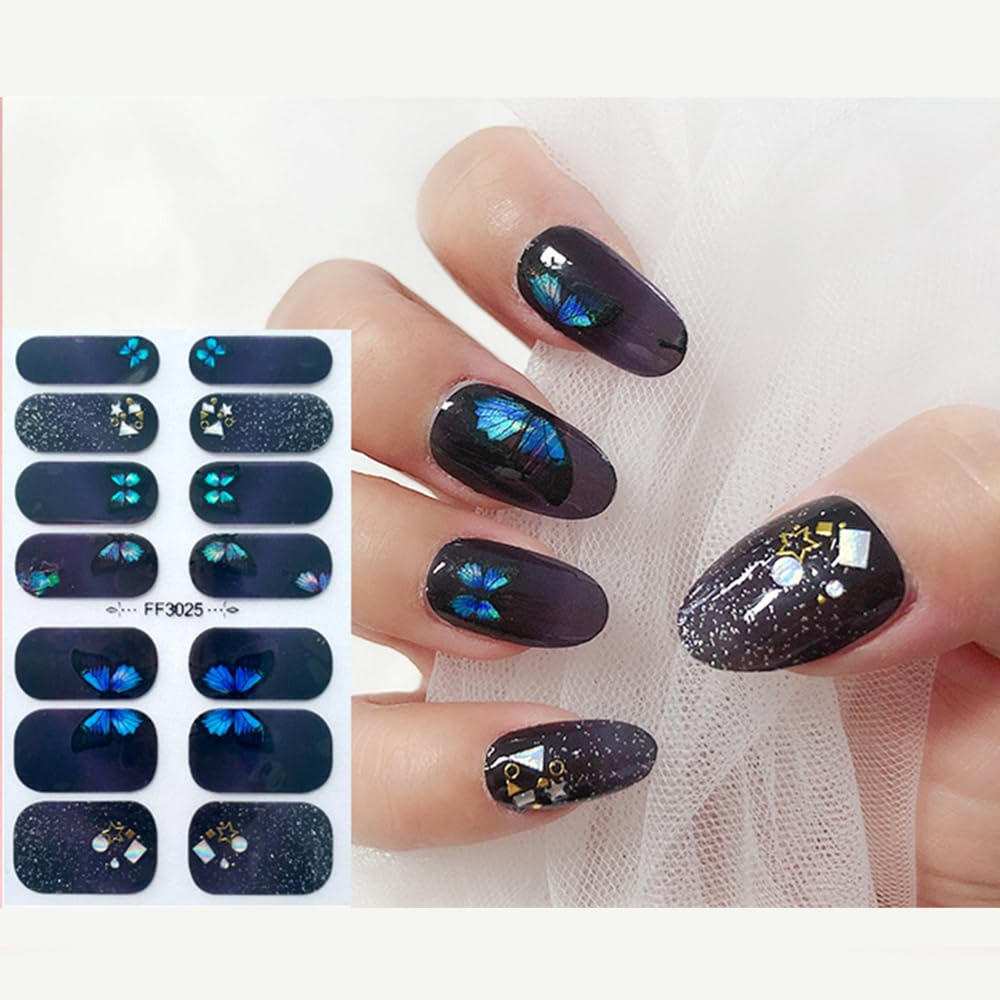 S.A.V.I 14pc Gel Glitter Butterfly Nail Stickers - Self-Adhesive Full Coverage Nail Patches
