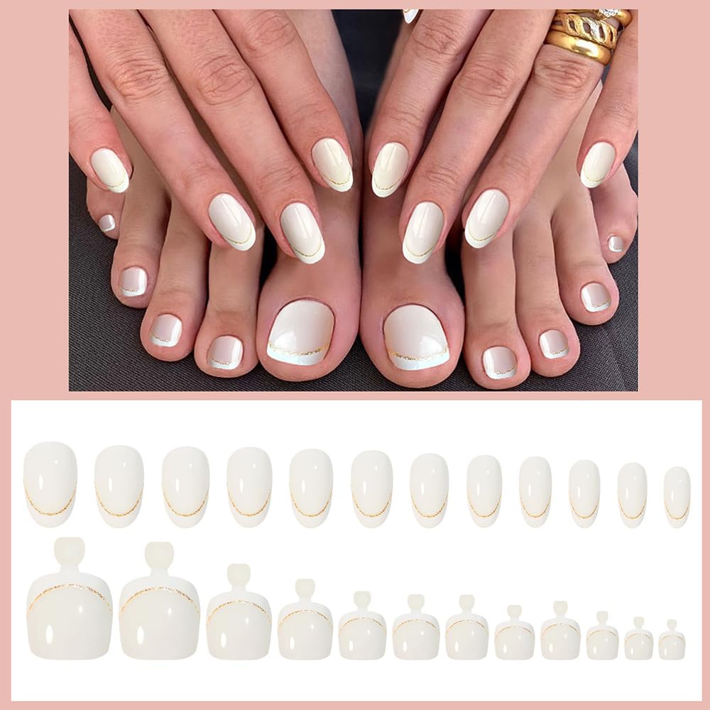S.A.V.I 48 Pcs Off White French Tip Press On Nails Set for Hands & Feet | Medium Oval & Square Shape | Gold Glitter Line | Reusable Nail Art Kit with Adhesive Tabs & Nail File