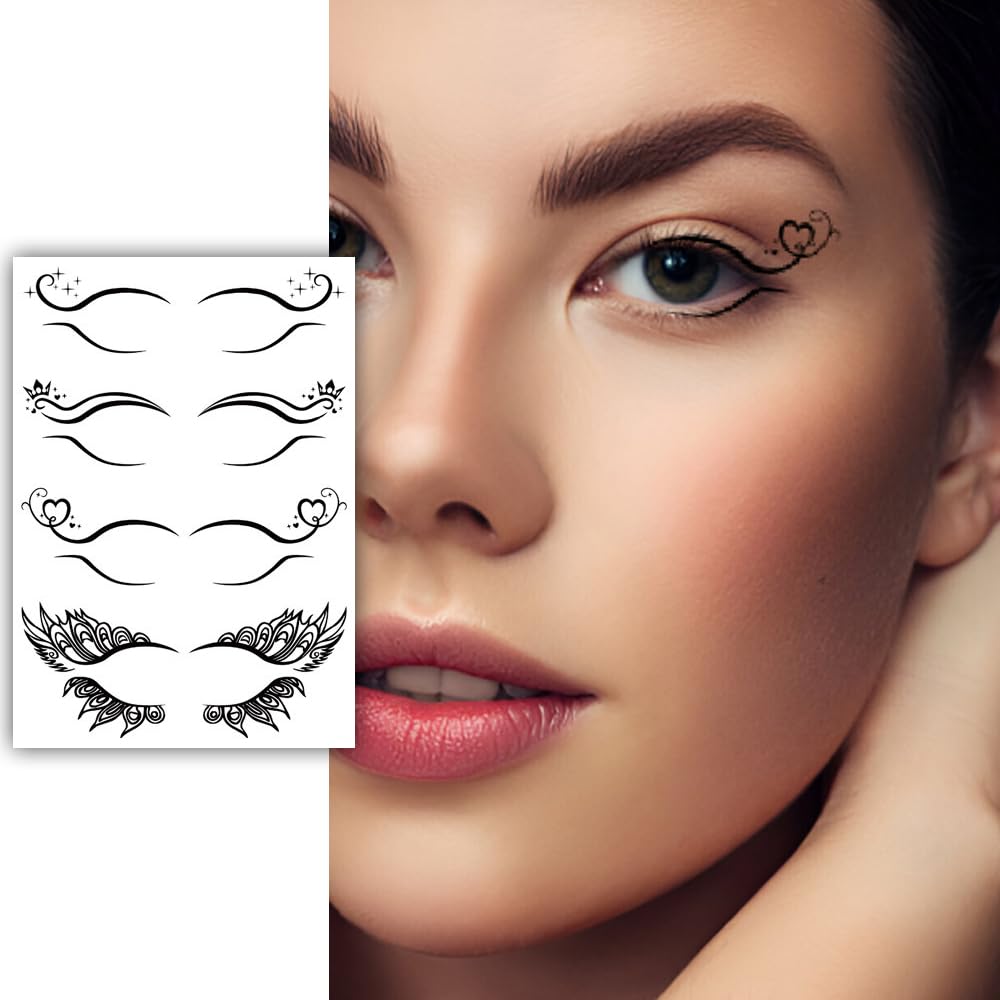 S.A.V.I 4 Pairs Stylish Black Temporary Eye Tattoo Stickers for Women  Girls – Elegant Winged, Heart, Peacock Feather Designs – Easy Application, Waterproof, Long-Lasting – Ideal for Parties  Festivals