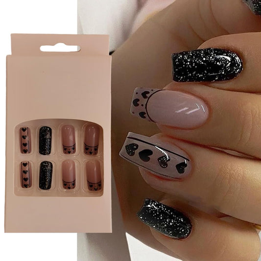 S.A.V.I 24Pc Black Heart Glitter Square Press-On Nails Kit - Adhesive Tabs  Glue Included