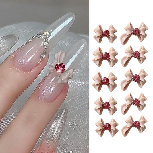 S.A.V.I 3D Nude Bow Nail Art Decorations with Pink Rhinestones – Set of 10 Resin Big Bows (2 Designs) for DIY Nail Art, Manicure, Nail Tips, Extensions & Salon Use