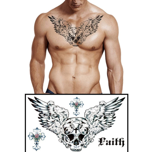 S.A.V.I Waterproof Temporary Tattoos for Men and Women - Chest, Waist, Back - Skull with Wings and Cross with Rose Design - 24x14cm