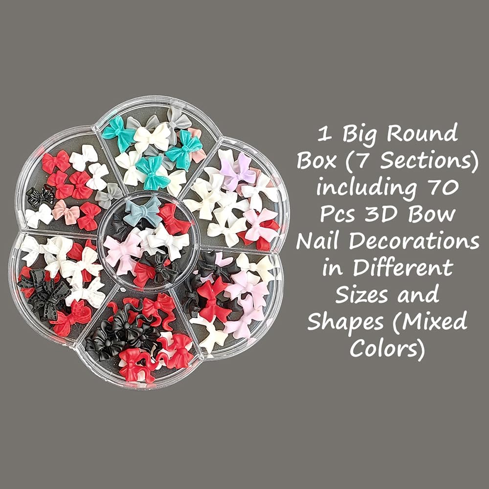 S.A.V.I 70 Pcs 3D Bow Nail Art Decorations Set – Mixed Colour Acrylic Bows in Multiple Sizes & Shapes, Round Storage Box for DIY Nail Design, Manicure & Salon Nail Accessories