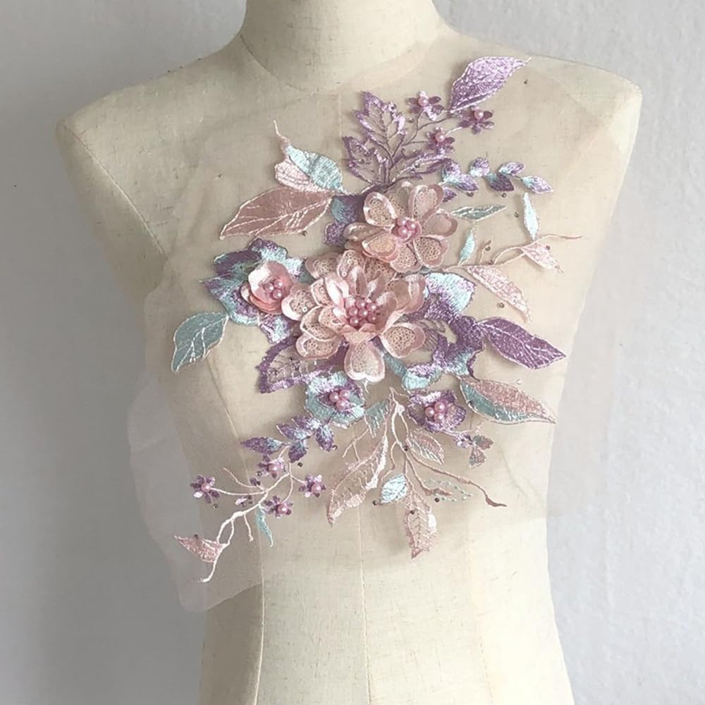 S.A.V.I 3D Floral Lace Applique Patch – Handcrafted Beaded  Sequined Embroidery (14.5x9 in) for Bridal Wear, Sarees, Lehengas, Gowns, Blouses  DIY Craft Sewing – 1PC Elegant Fabric Patch (Pink Purple)