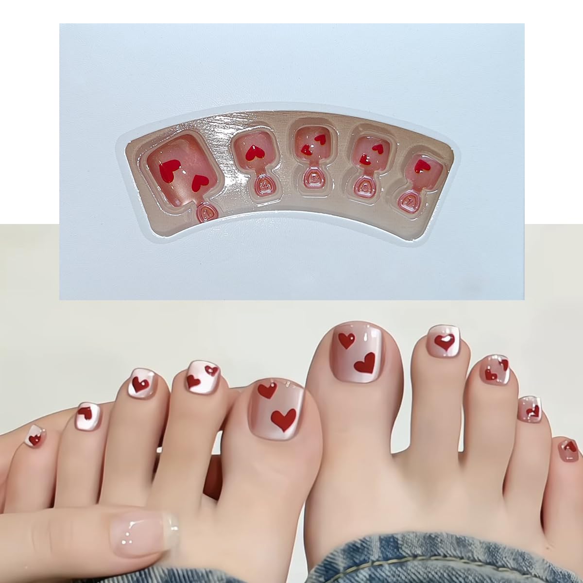 S.A.V.I 24 Pcs Fake Toe Nails Baby Pink Cat’s Eye Short Natural Shape Press On Nails with Red Heart Print | Artificial Pedicure Tips for Women & Girls | Includes Nail Glue & Adhesive Tabs