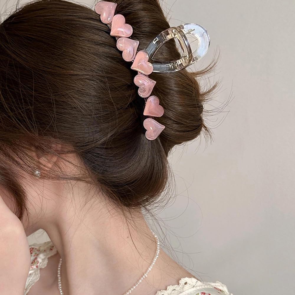 S.A.V.I Big Hair Claw Clip for Women & Girls | 13cm Transparent Acrylic Clutcher with Pink Heart Design | Strong Grip Bun Holder for Thick Hair | Stylish Hair Accessories for Daily