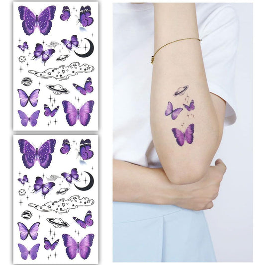 S.A.V.I 2 Sheets - Purple Butterfly Temporary Tattoos for Kids  Adults, 12cm x 7.5cm, Waterproof, Easy to Apply  Remove, Ideal for Parties, Festivals  DIY Craft, Long-lasting Body Art Stickers