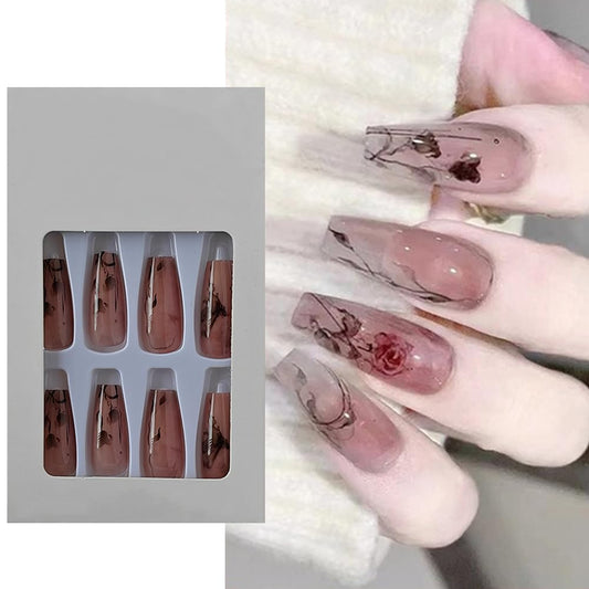S.A.V.I 24 PCs Nude Rose Print Press-on Nails - Long Coffin Shape, Transparent Floral, DIY Manicure Kit