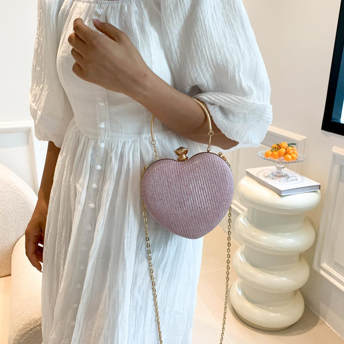 S.A.V.I Women’s Heart Shaped Pink Glitter Clutch Bag | Party & Wedding Evening Purse with Gold Handle, Chain Strap & Crystal Lock | Elegant Metallic Handbag for Brides & Events – 16x15 cm (Pink)