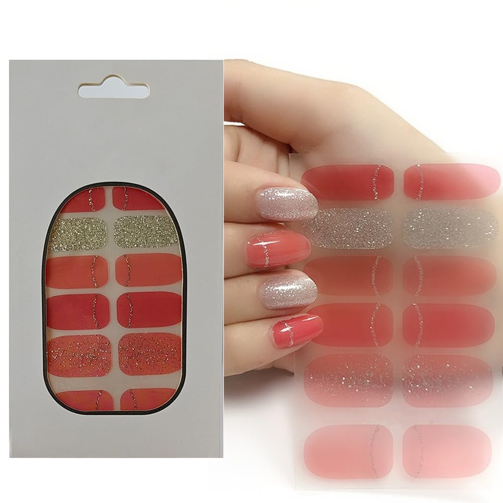 S.A.V.I 12PCS - Red  Silver Glitter Gel Nail Stickers, Long-Lasting Shine, Easy Apply Full Nail Art Wrap, Salon Style Decoration