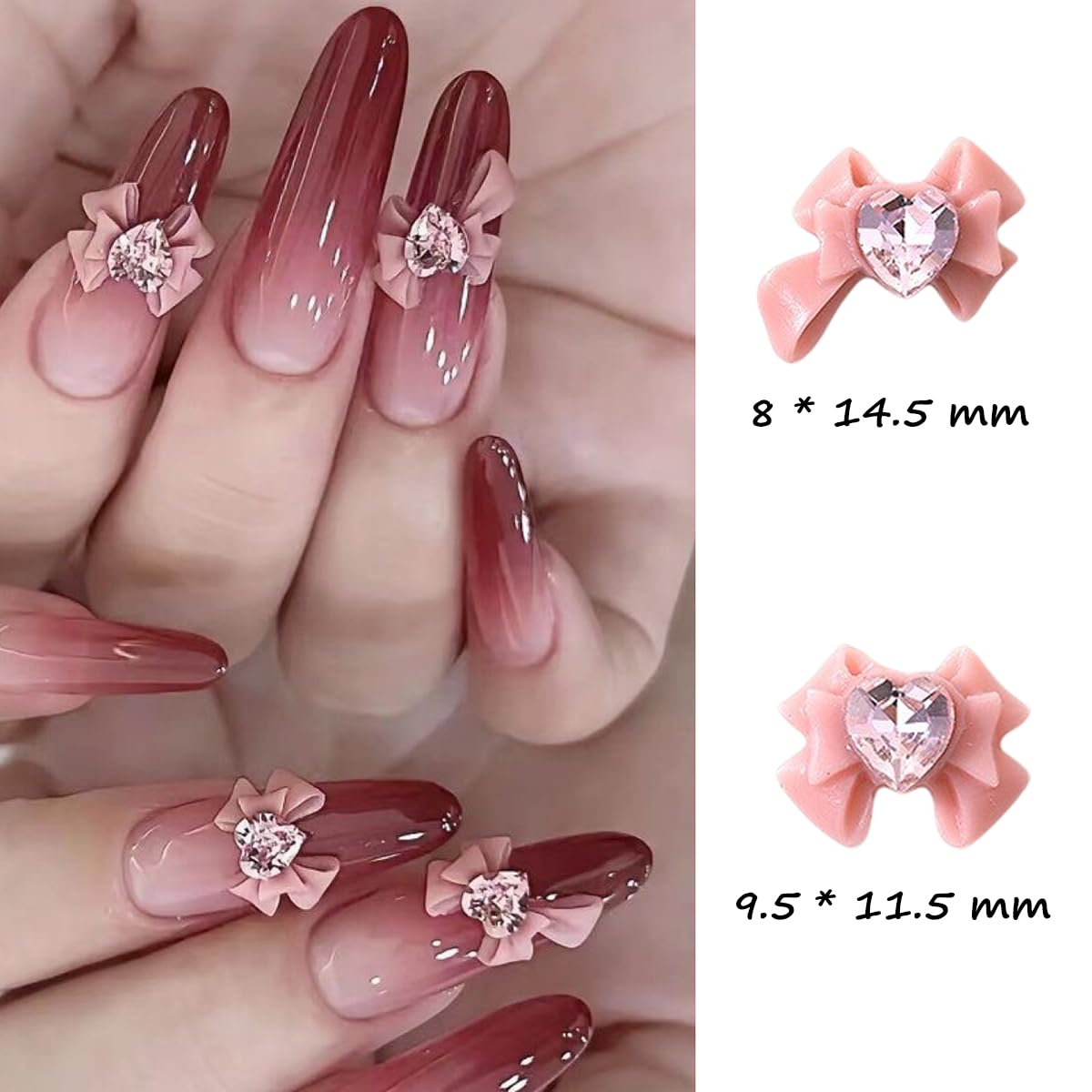 S.A.V.I 3D Pink Bow Nail Art Charms, Heart Rhinestone Resin, Pack of 10 – Big Bow Nail Accessories, 2 Designs, DIY Manicure Decorations for Girls & Women