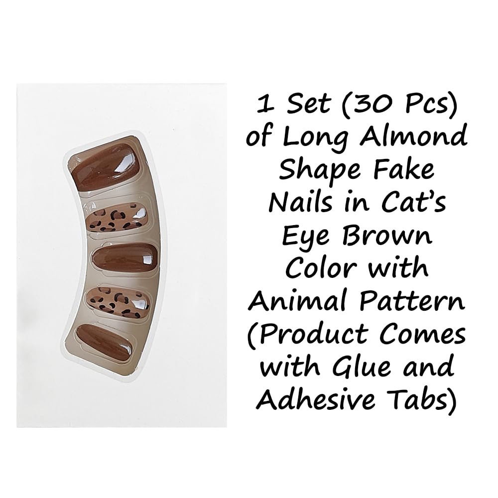 S.A.V.I Long Almond Cat Eye Brown Press-On Nails | 30 Reusable Pieces with Leopard Print Design | Includes Nail Glue & Adhesive Tabs for Salon-Look Manicure at Home