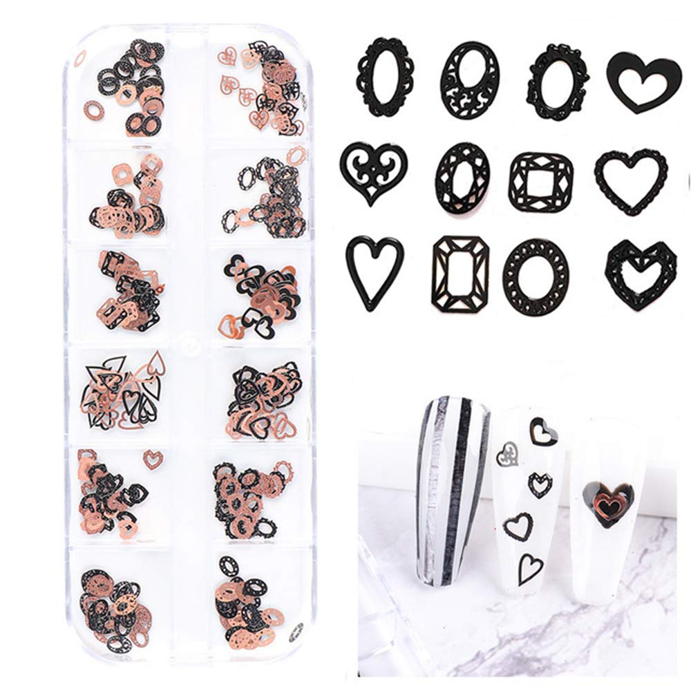 S.A.V.I 3D Nail Art Ultra-thin Black  Rose Gold Heart Metal Sequin Decorations Palette