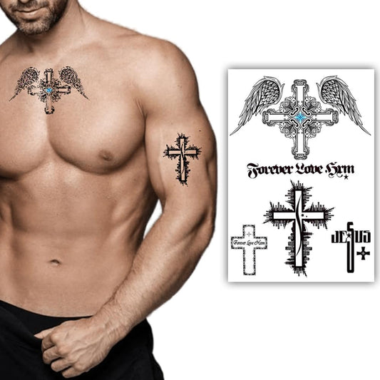 S.A.V.I Temporary Tattoo Stickers - Cross  Wing, Long-Lasting, Waterproof, Safe - Ideal for Parties  Fashion