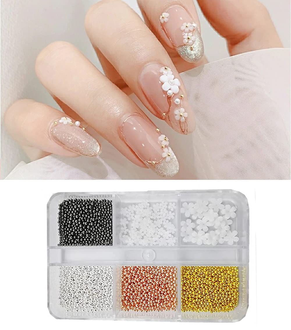 S.A.V.I DIY Nail Art Decorations 6 Grid Mini Palette Resin Five Petal White Flowers, Gold, Rose Gold, Silver, Black Caviar Steel Beads