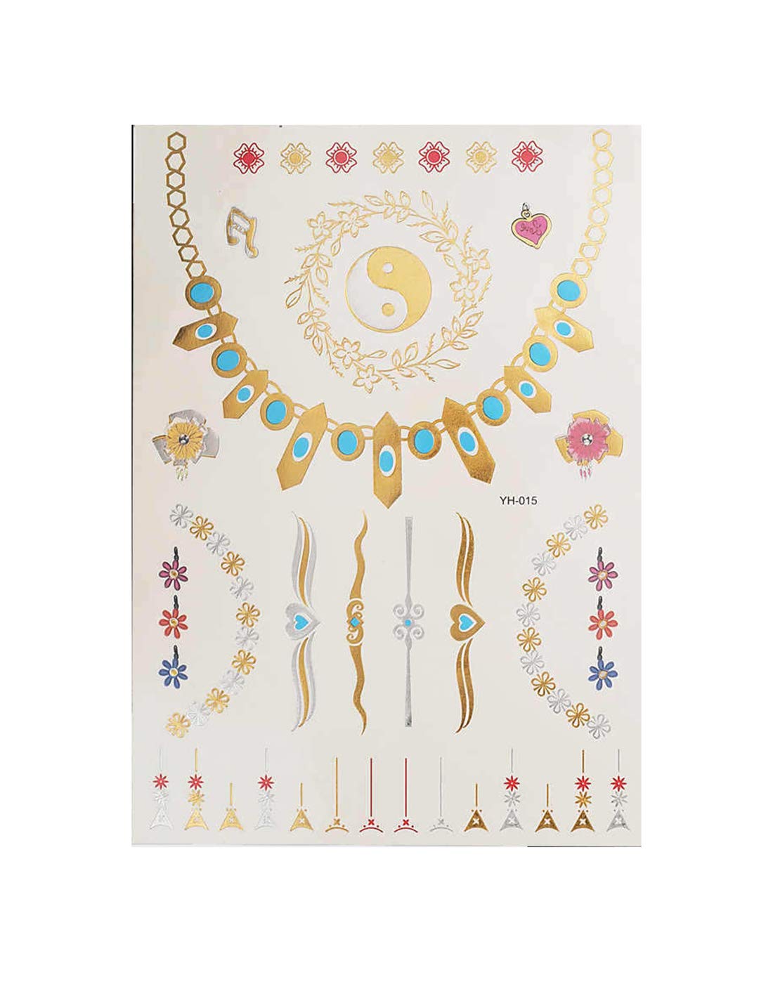 S.A.V.I 3D Temporary Tattoo Golden and Silver Metallic Sticker Heart Dream Catcher Elephant Eye Rose Flower Hand Arm Design Size 21x15cm - 1pc. (15), Gold