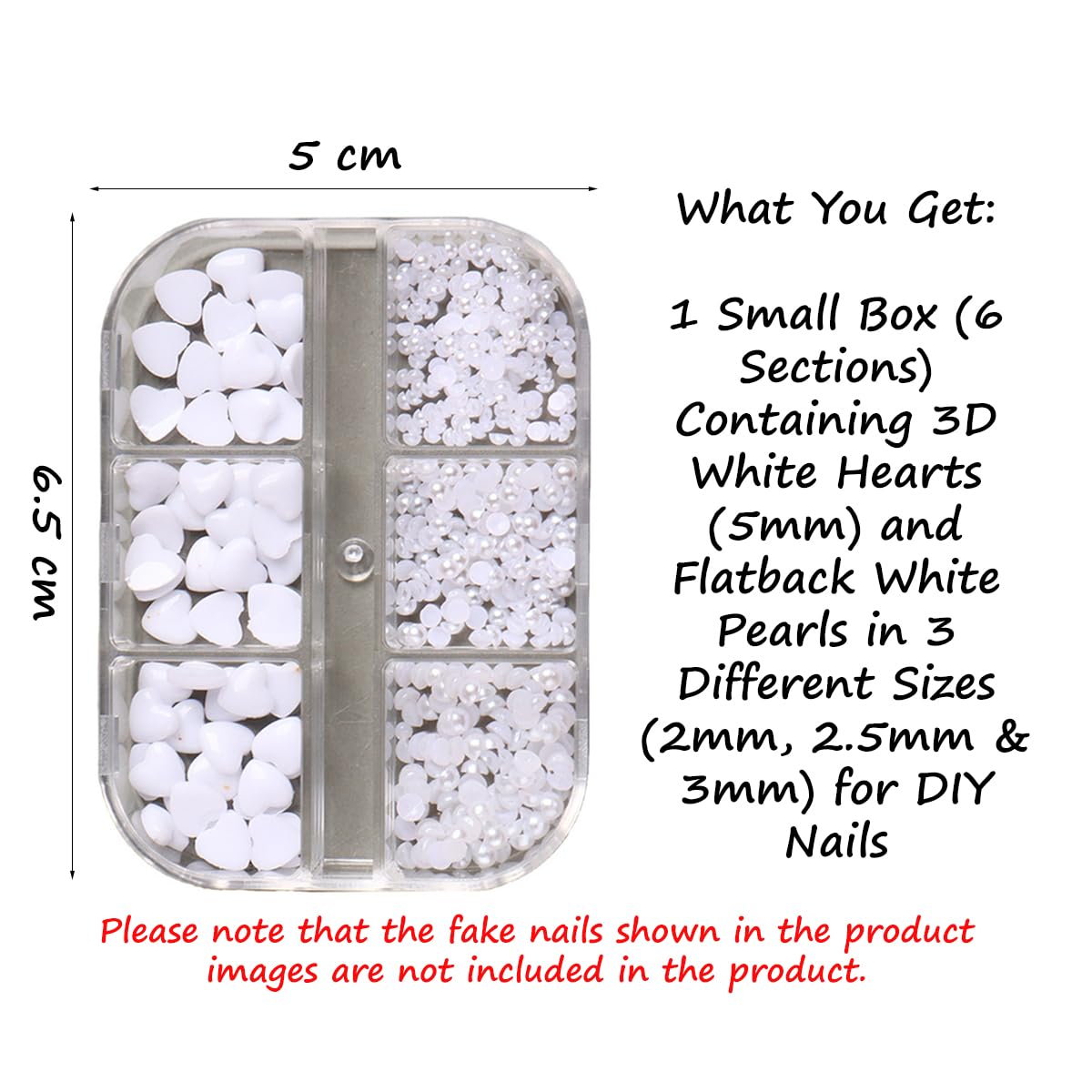 S.A.V.I White 3D Heart Nail Art Charms (5mm) & Flatback Pearls Set (2mm, 2.5mm, 3mm) – Acrylic Nail Decorations for DIY Manicure, Nail Salon, Gel Nail & Art Design Accessories