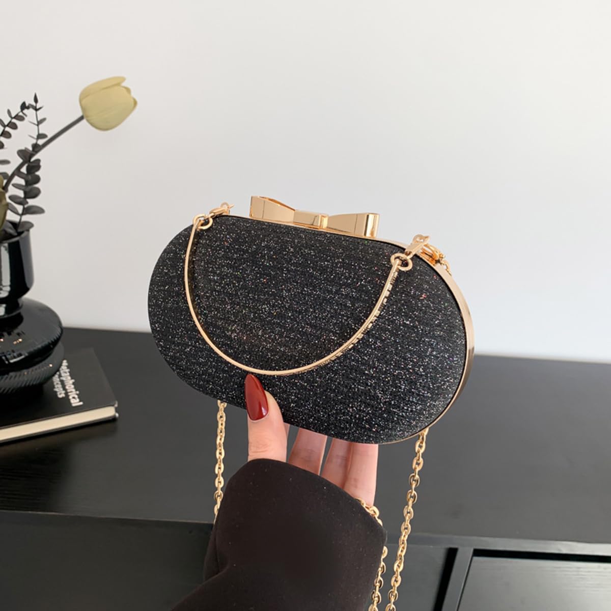 S.A.V.I Women’s Black Glitter Clutch Bag | Oval Hard Case Evening Purse with Gold Chain & Bow | Stylish Party & Wedding Handbag for Girls & Women (Black)